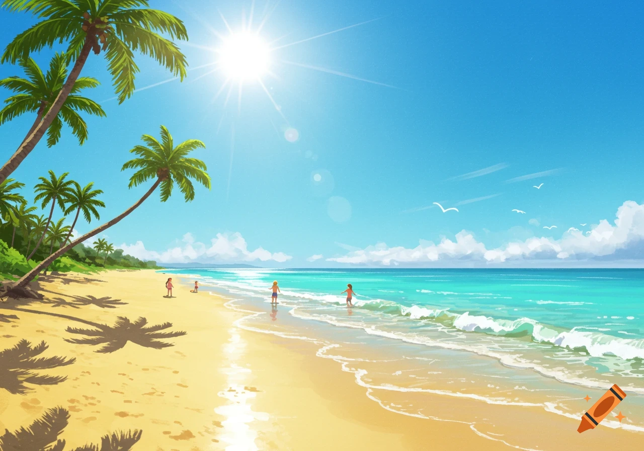 A vibrant, sunny beach scene with palm trees, golden sand, turquoise ocean waves, and small figures playing near the shore.