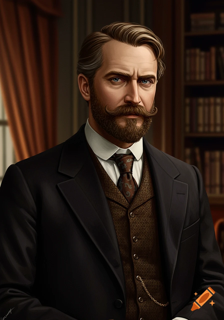 A detailed portrait of a distinguished Victorian man with a beard and mustache, wearing a dark suit and patterned vest.