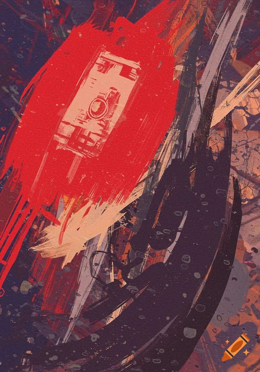 Abstract artwork featuring bold red and dark blue brushstrokes with beige accents and textured splatters.