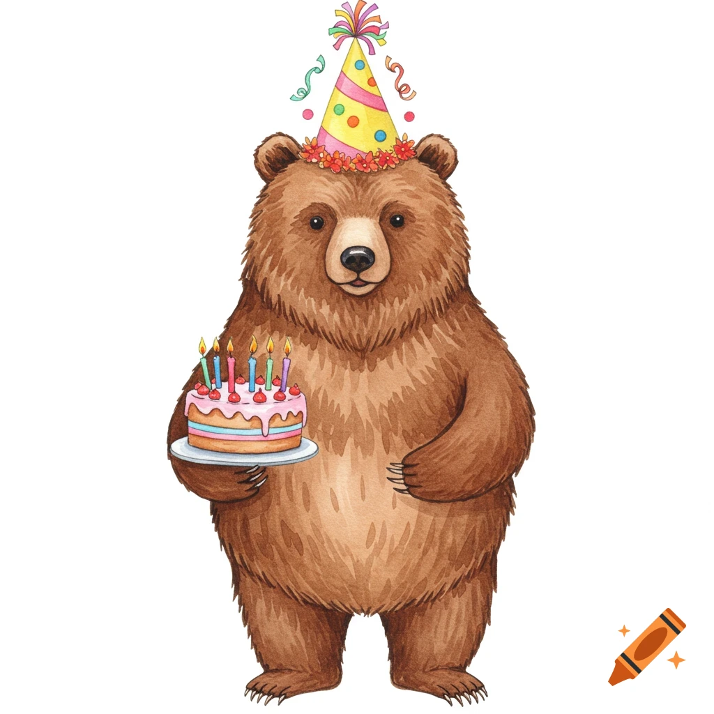 A watercolor illustration of a brown bear wearing a yellow party hat and holding a birthday cake with lit candles.