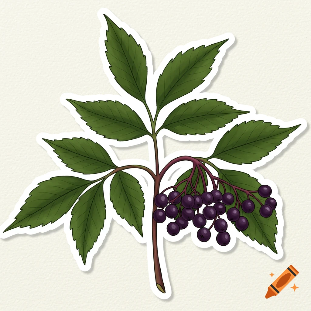Sticker illustration of an elderberry branch with green leaves and dark purple berries on a textured background.