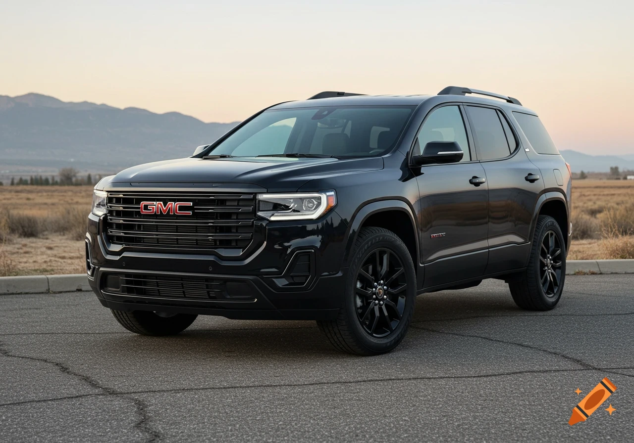 A black 2025 GMC Acadia AT4 SUV parked on a road with mountains and fields in the background under a clear sky.