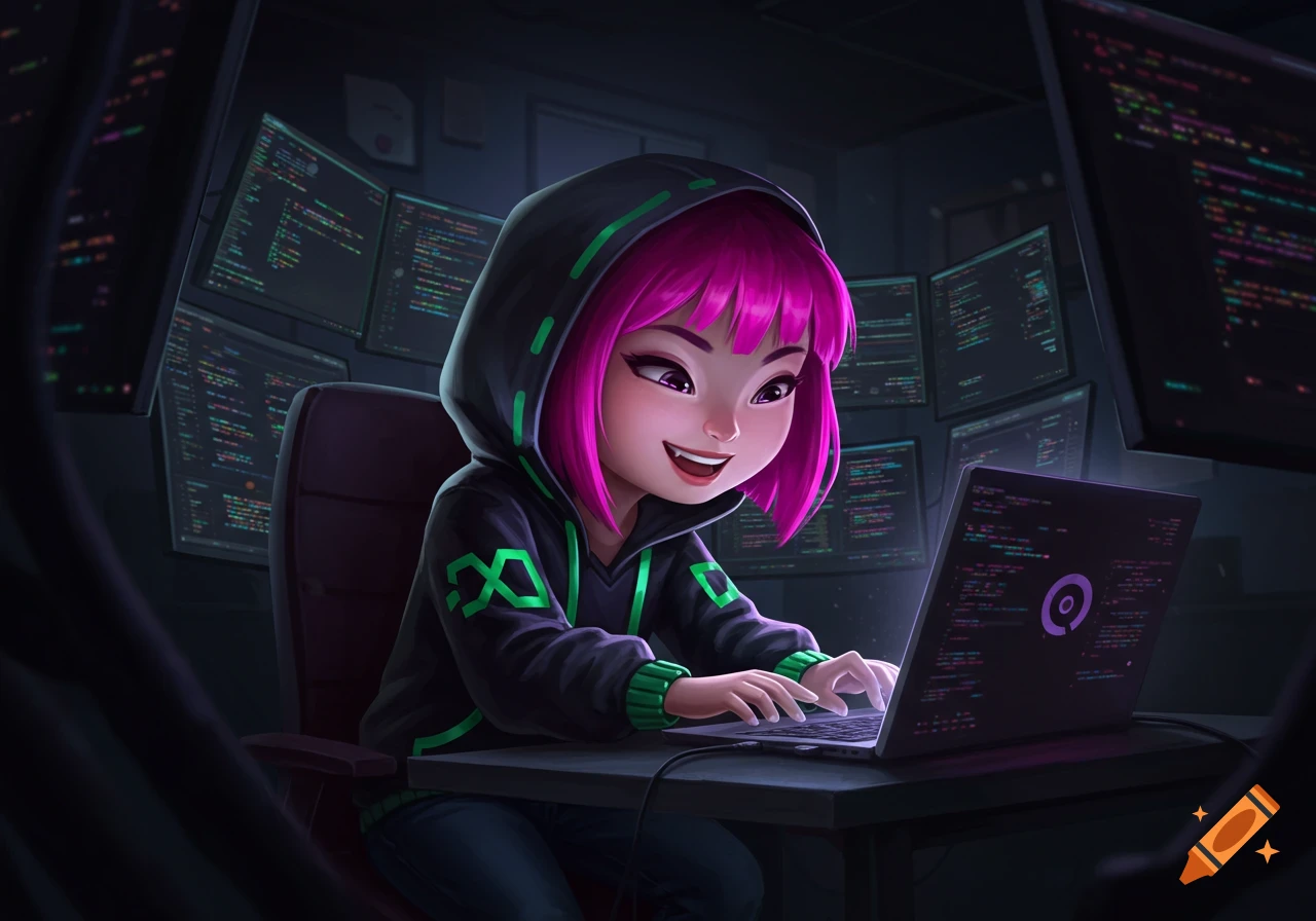 A cute cartoon girl with pink hair in a hoodie types on a laptop surrounded by monitors displaying code in a dark room.