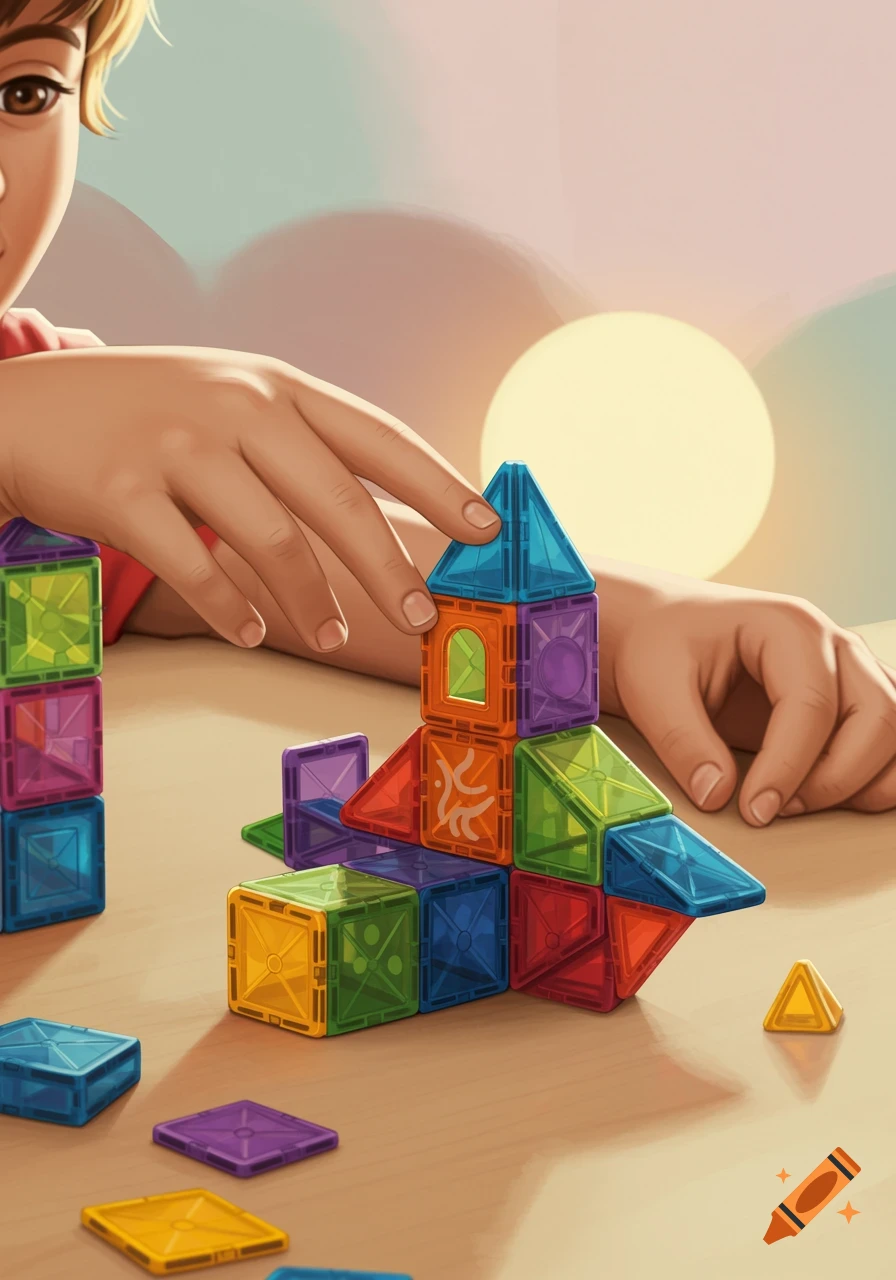 Close-up illustration of a child's hands building a colorful structure with magnetic translucent blocks on a wooden table.