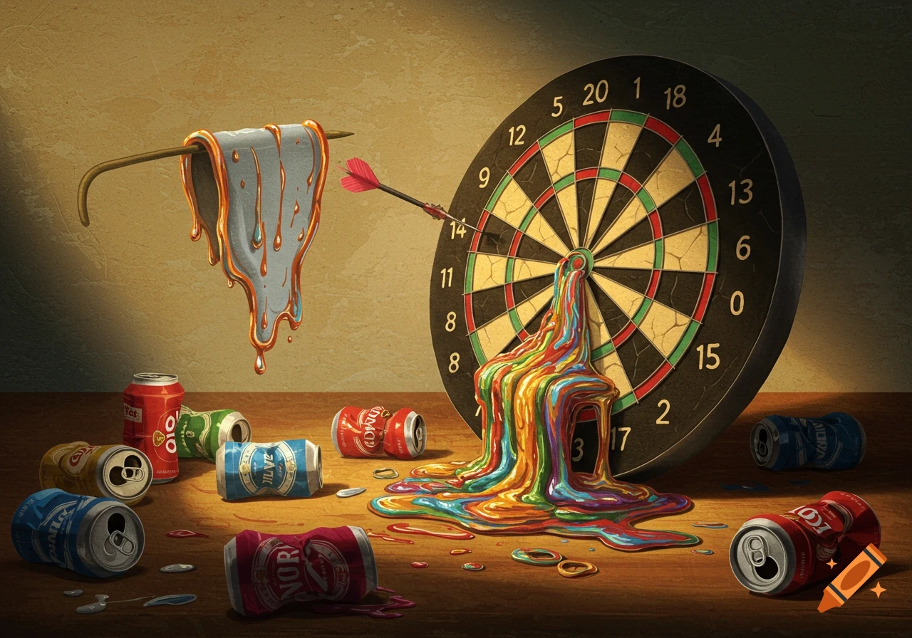 A surreal image of a melting dartboard with colorful liquid pouring from its center, surrounded by crumpled beer cans on a wooden surface.