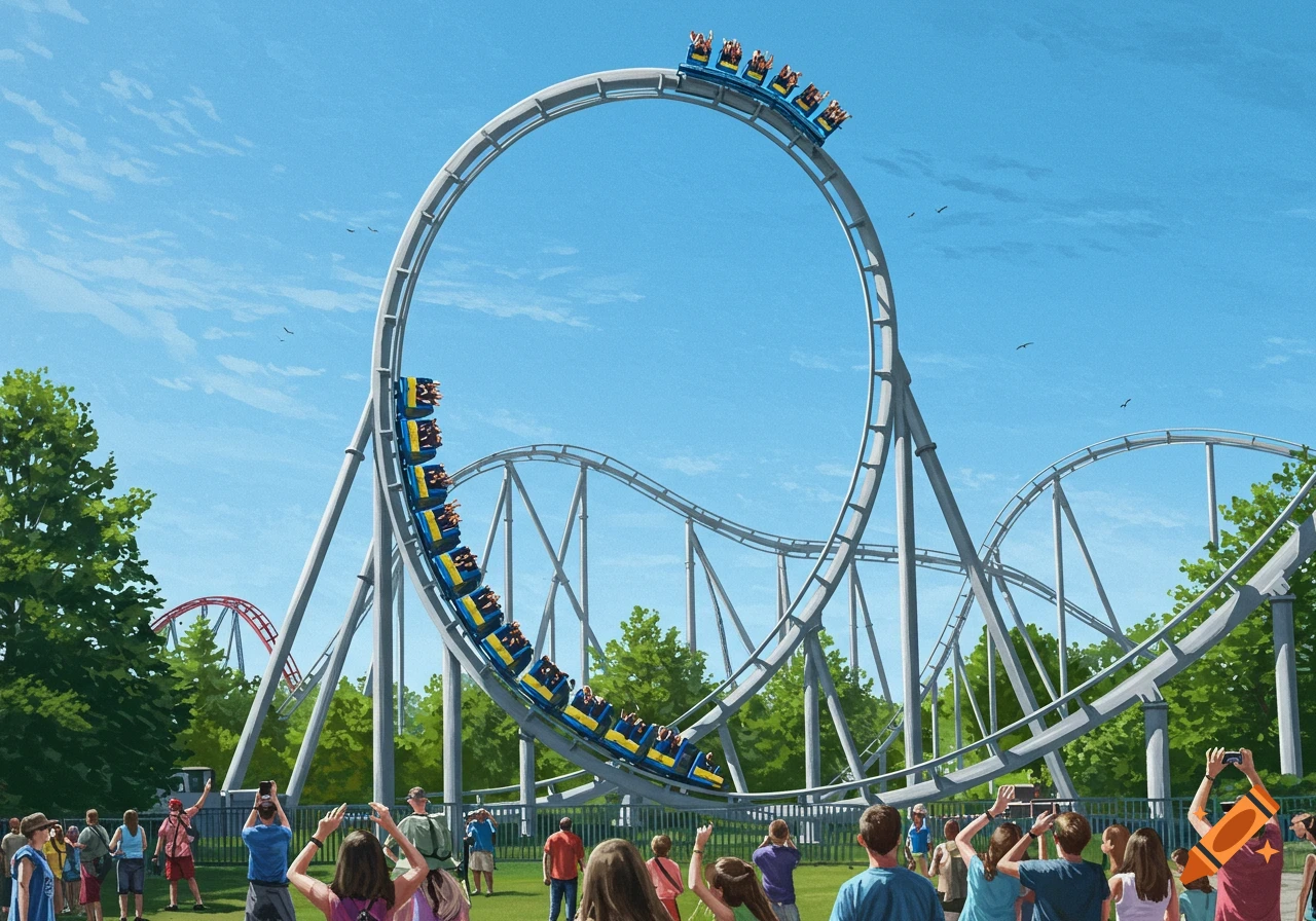 A vibrant image of a blue roller coaster with passengers looping high above, as onlookers take photos at an amusement park.