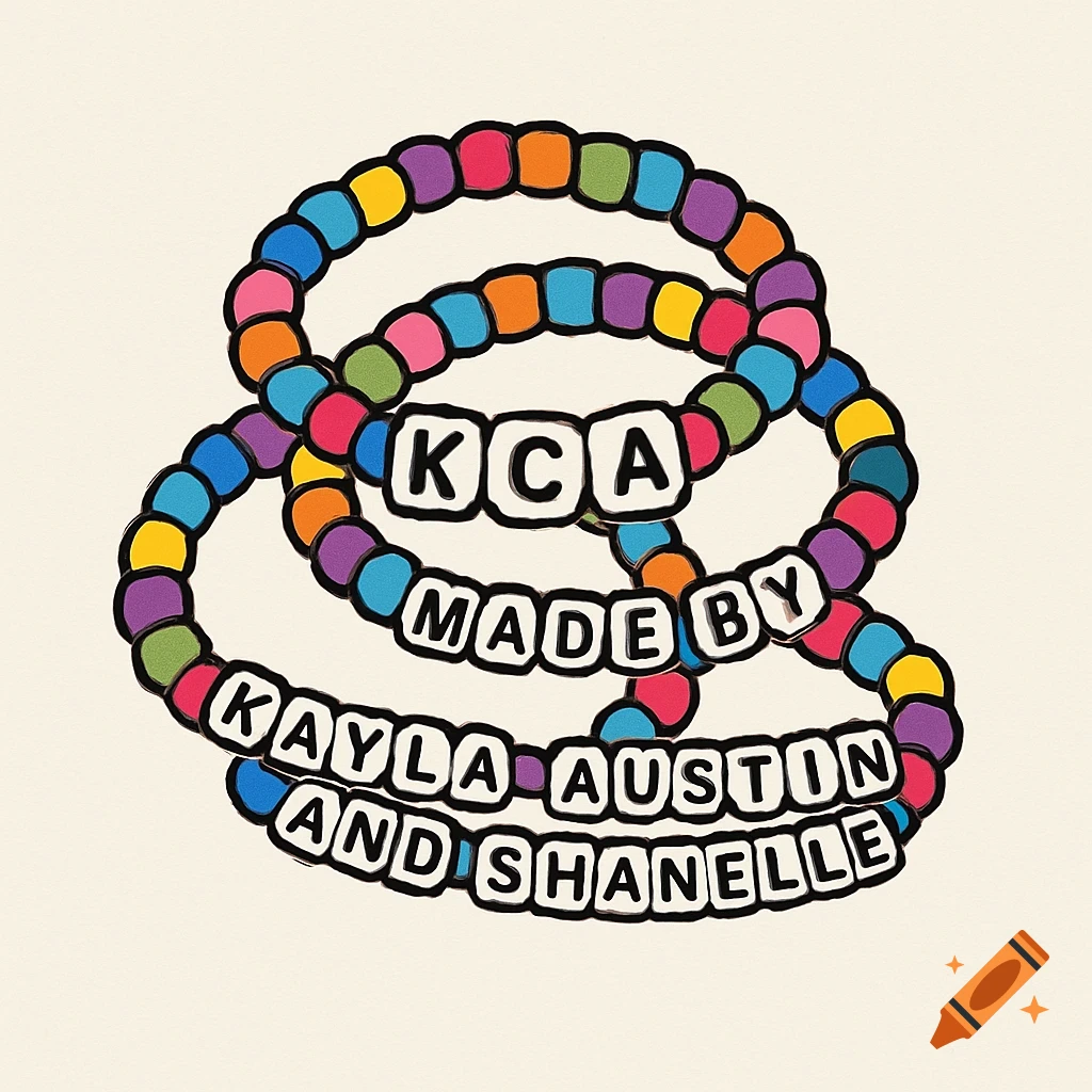 Colorful friendship bracelets intertwined, spelling out 'KCA' and 'MADE BY KAYLA AUSTIN AND SHANELLE'.