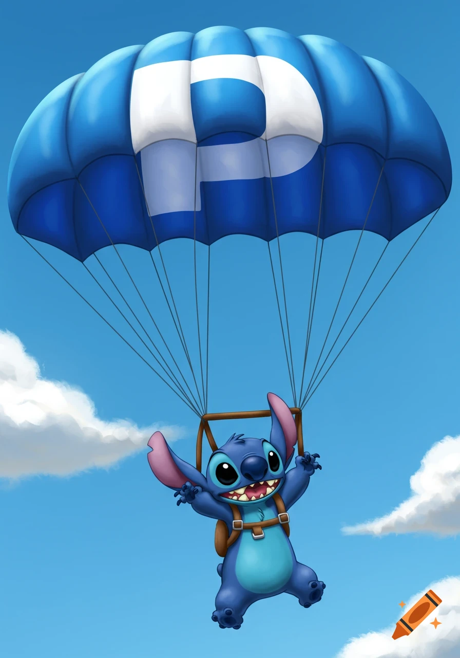 Cartoon character Stitch skydiving with a blue parachute featuring a white letter P in a bright blue sky with clouds.