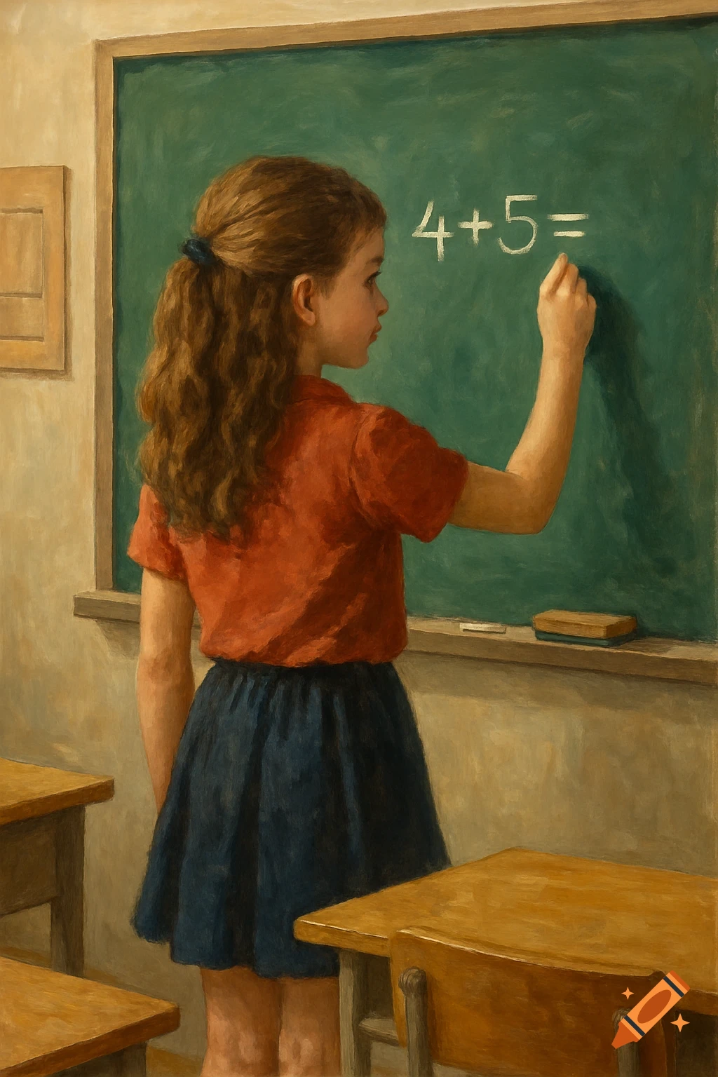 A girl with curly brown hair in a red shirt and blue skirt writes '4+5=' on a green chalkboard in a classroom, painted.