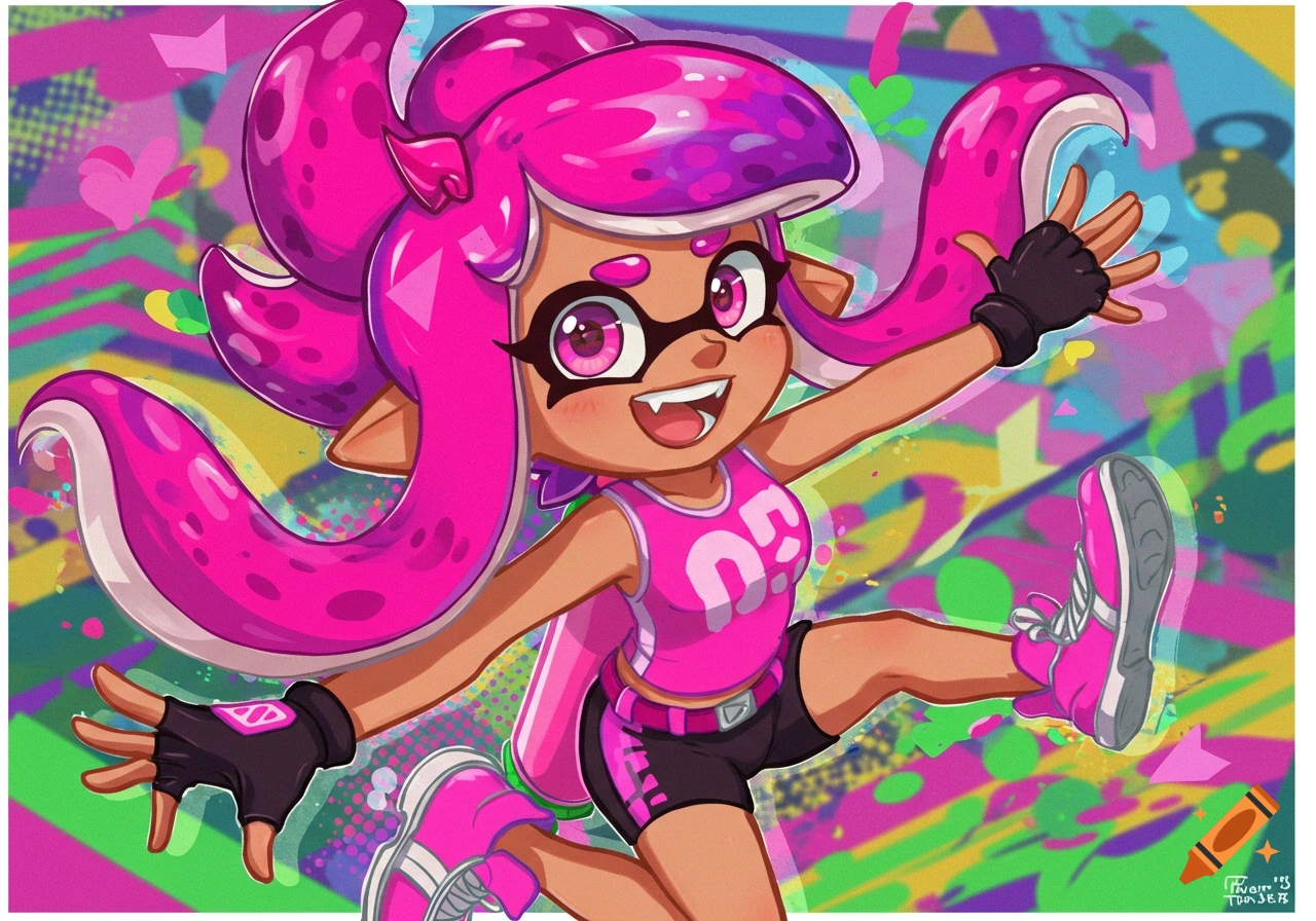 A vibrant, full-body illustration of Frye from Splatoon, a character with pink tentacles for hair, wearing a pink tank top, black shorts, and pink shoes. She is mid-leap with a wide smile, set against a colorful, abstract, graffiti-style background.