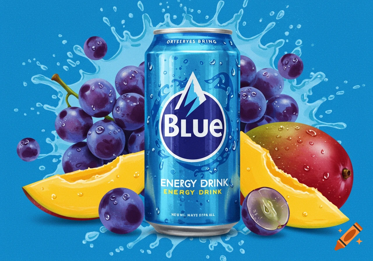 A blue energy drink can with grapes and mango slices, surrounded by splashes of water on a blue background.