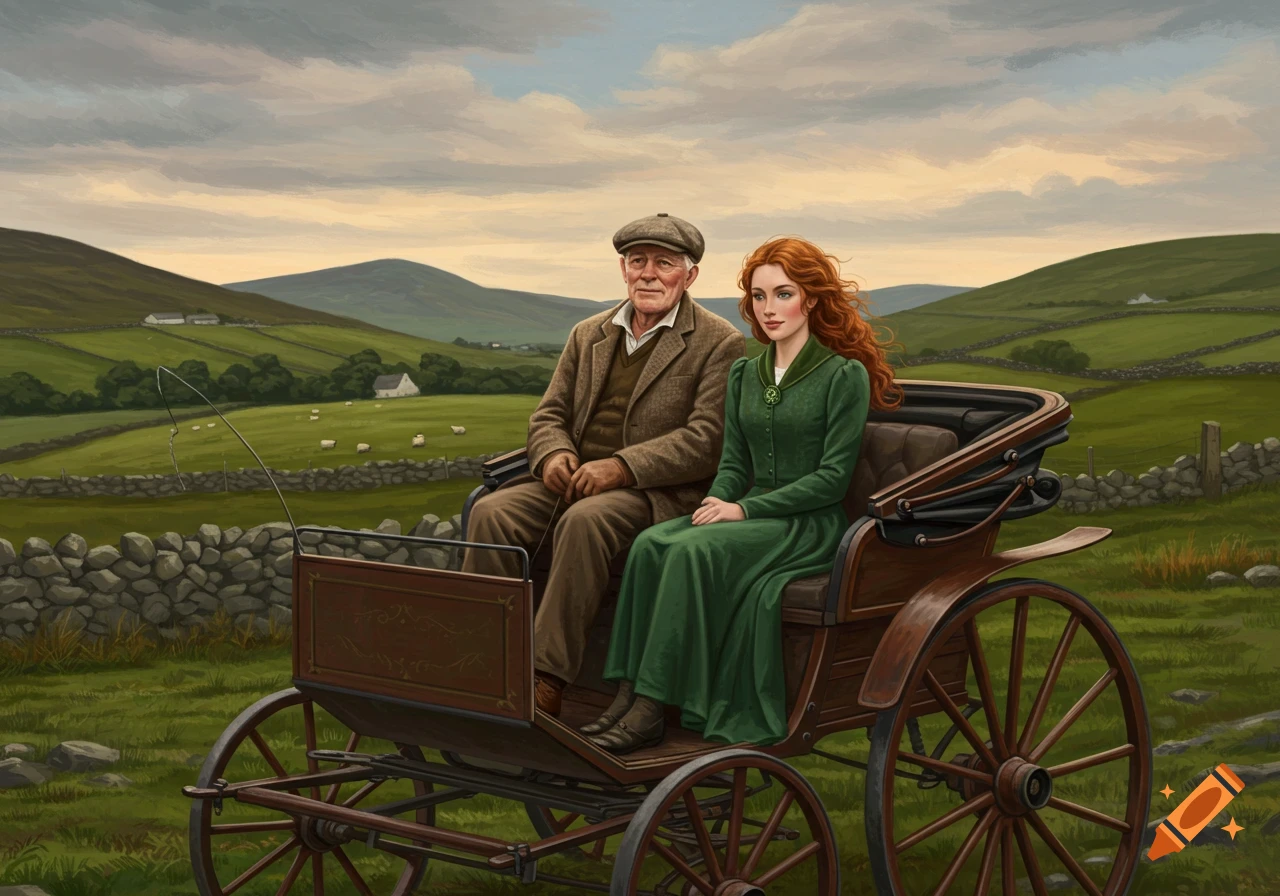 An older man and a young woman in an old-fashioned carriage ride through the green, rolling hills of rural Ireland in a painterly style.