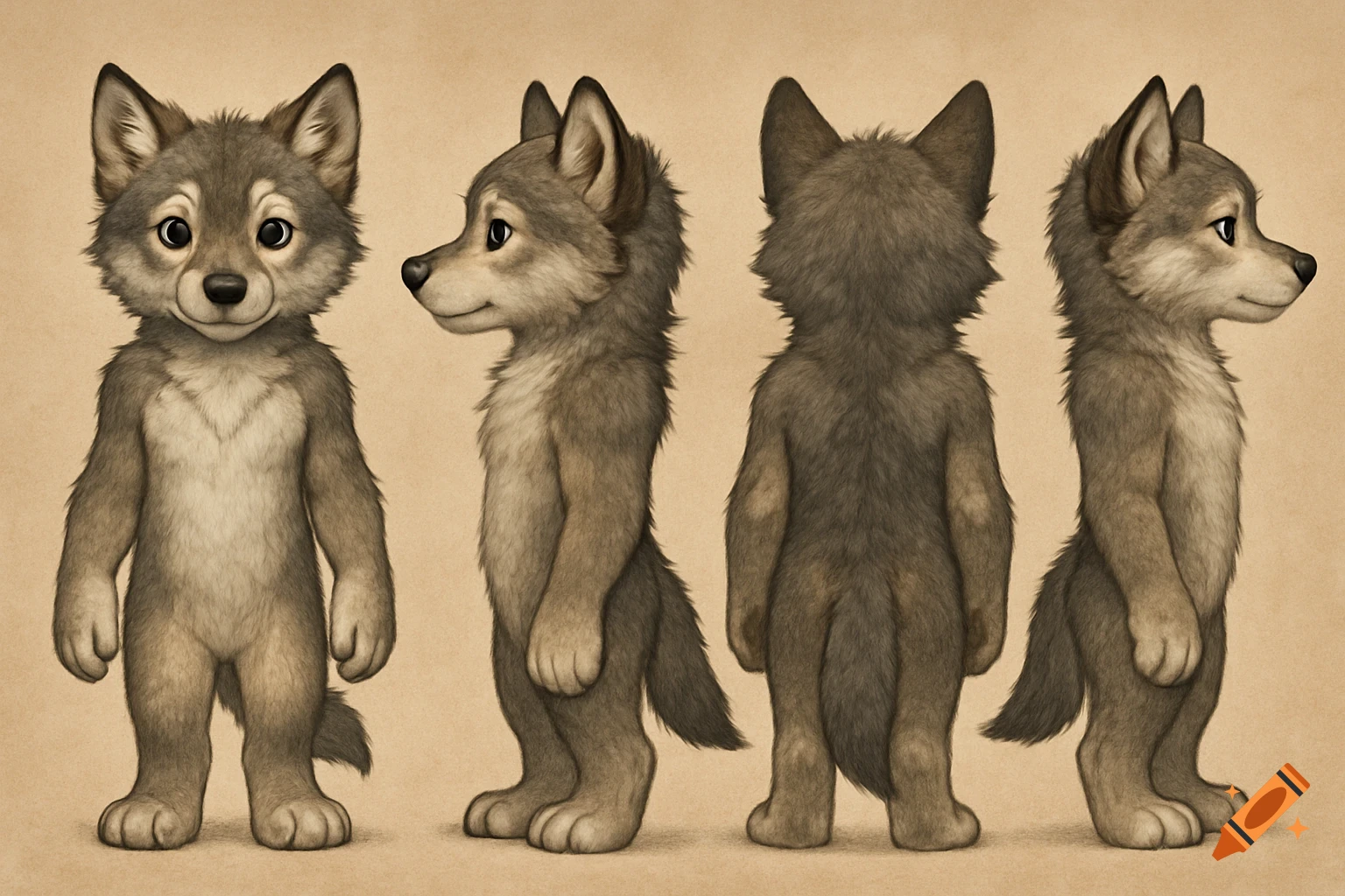 A grey-brown wolf pup character displayed in a four-view reference sheet: front, left side, back, and right side.