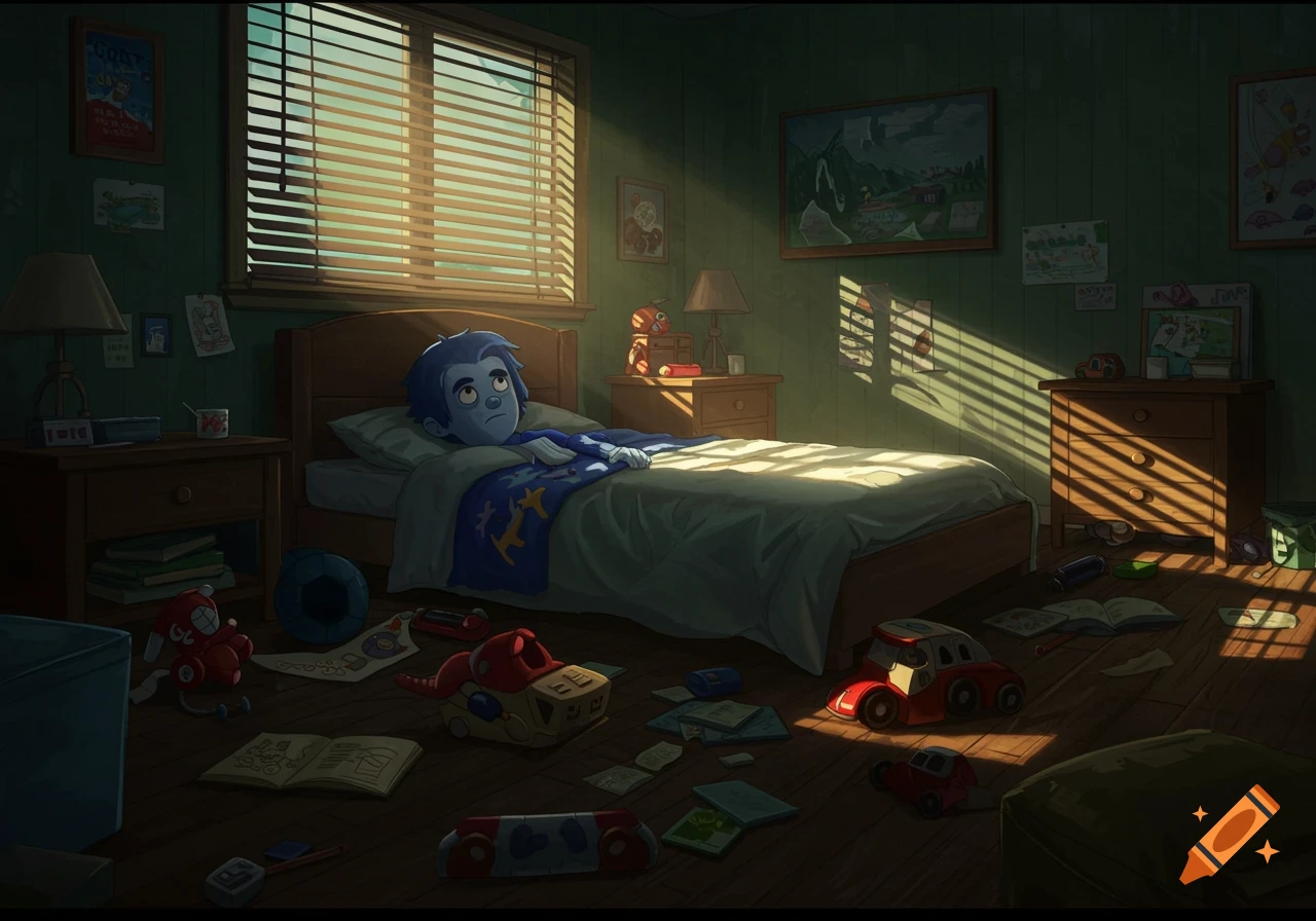 A cartoon boy with blue skin lies awake in bed in his messy bedroom, illuminated by sunlight streaming through window blinds.