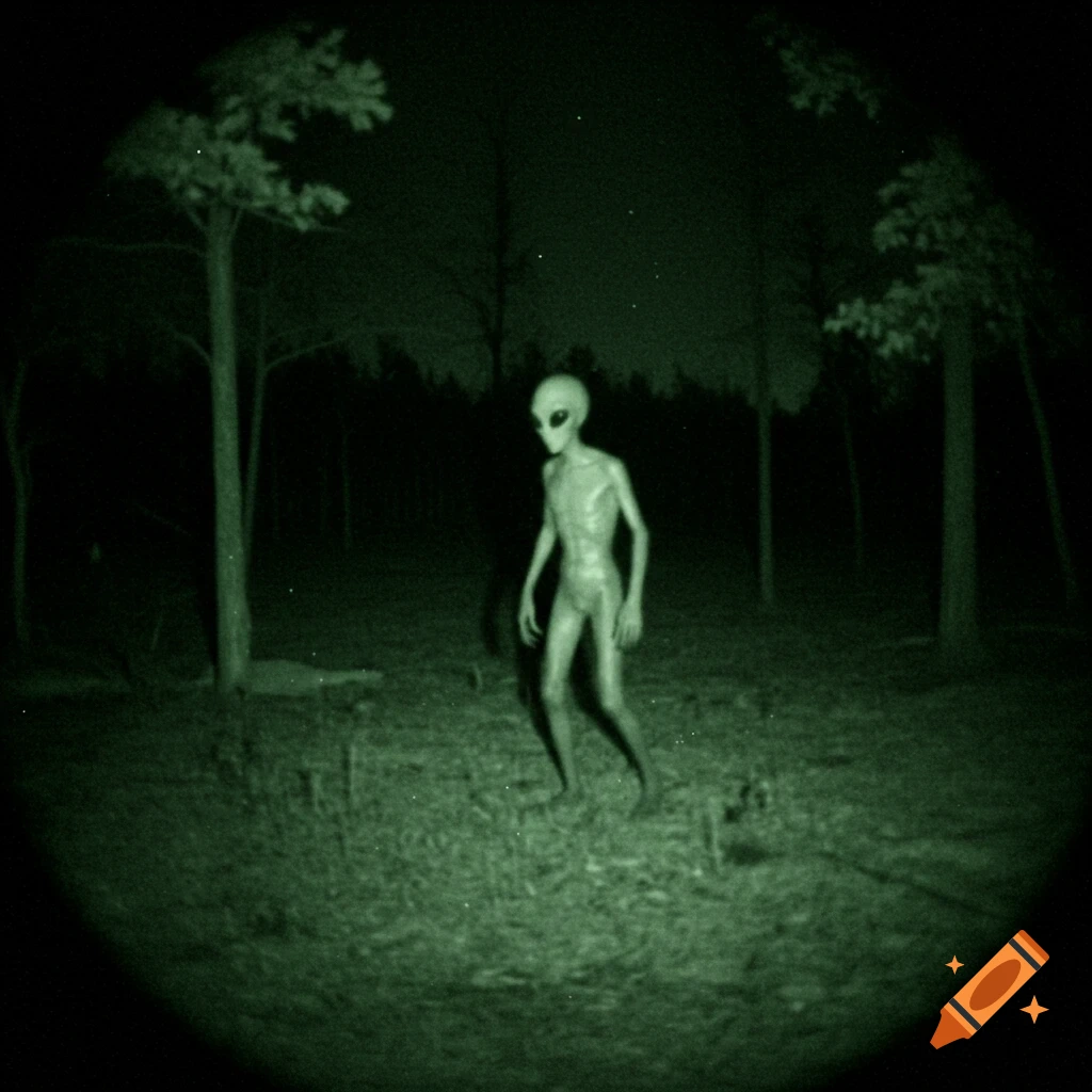 A grey alien stands in a dark forest at night, viewed through a grainy, green night vision lens.