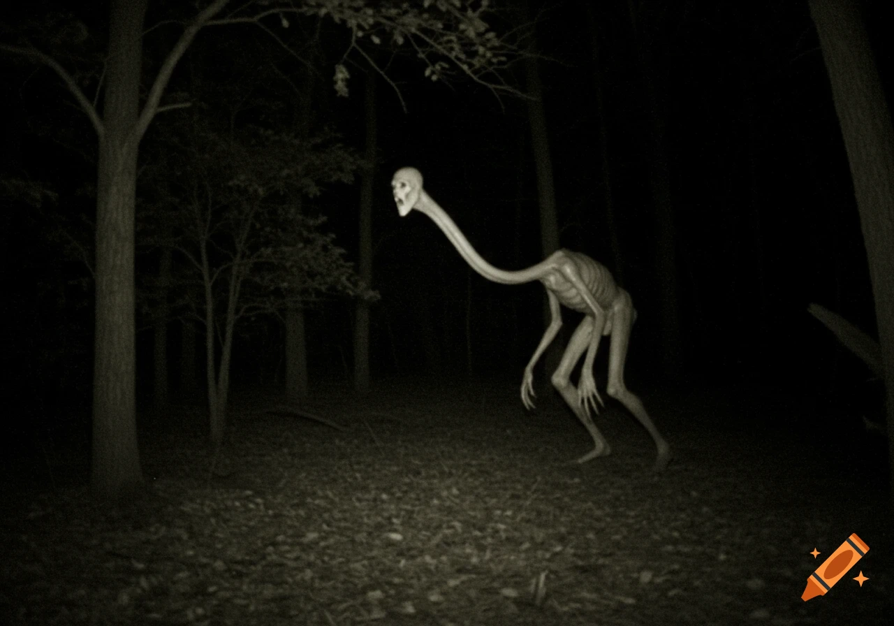 A tall, skeletal creature with a long neck and large head captured by a trail camera in a dark, spooky forest at night.