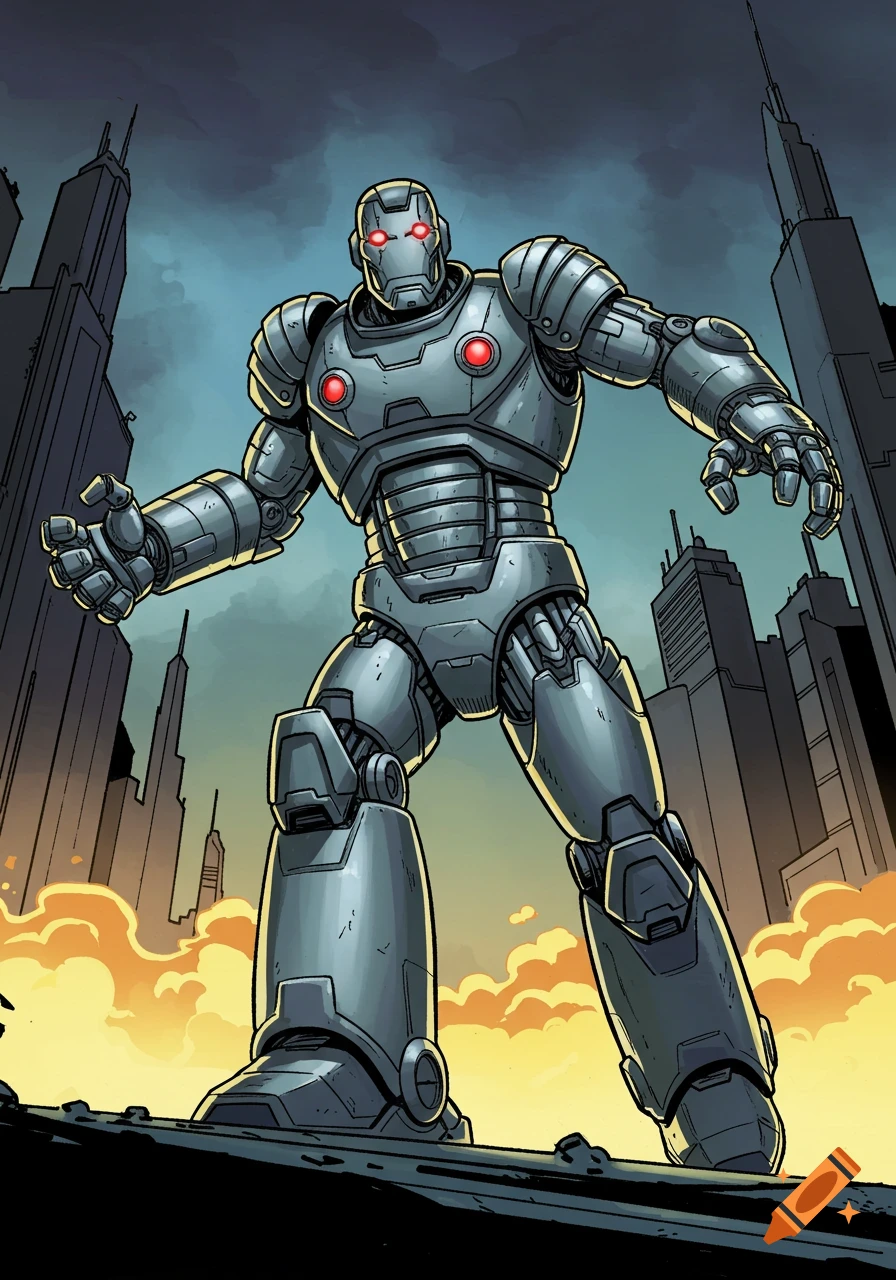 A large, gray, heavily armored robot with glowing red eyes and chest lights stands menacingly in a city, comic art style.