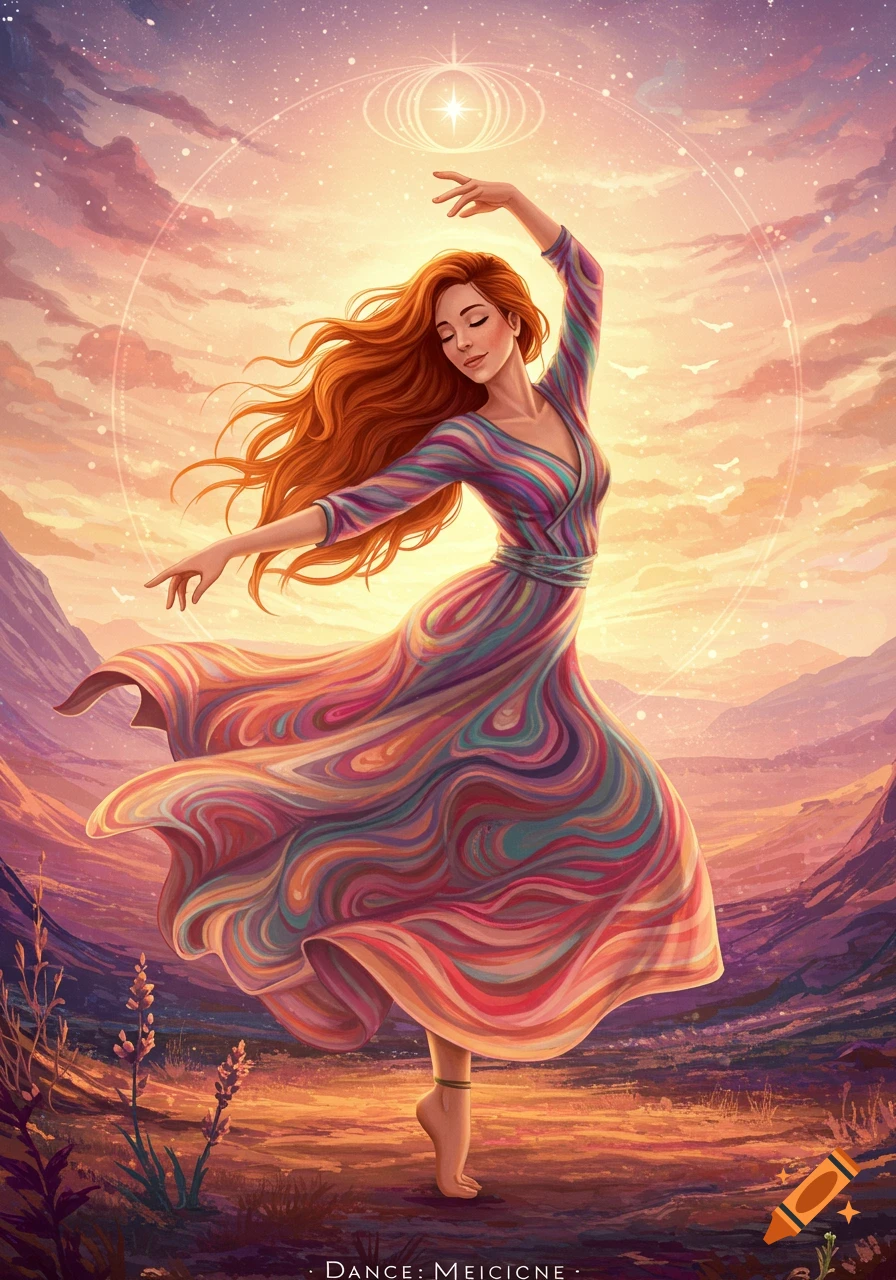 An ethereal illustration of a woman with flowing red hair dancing in a vibrant, swirling striped dress against a sunset sky over mountains. Light glows above her head.