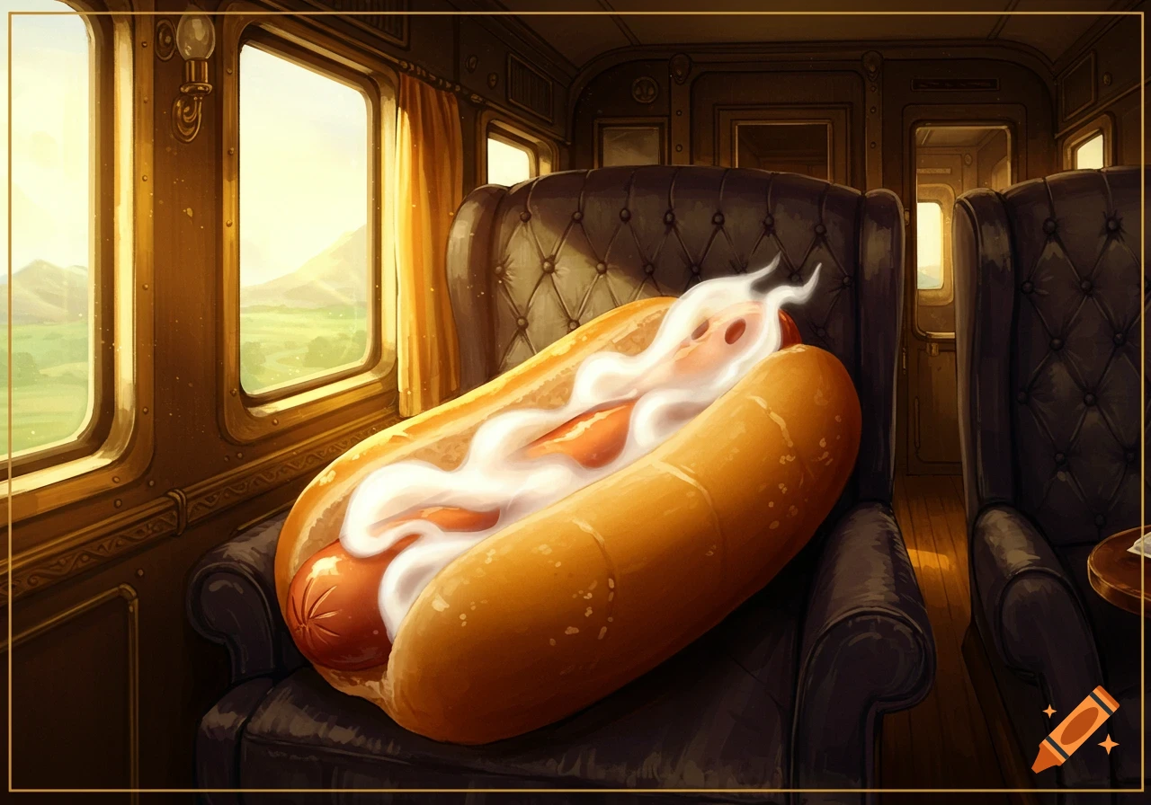 A hotdog with transparent ghost-like meat sits on a luxurious leather seat in a vintage train car, sunlight streaming through the windows.