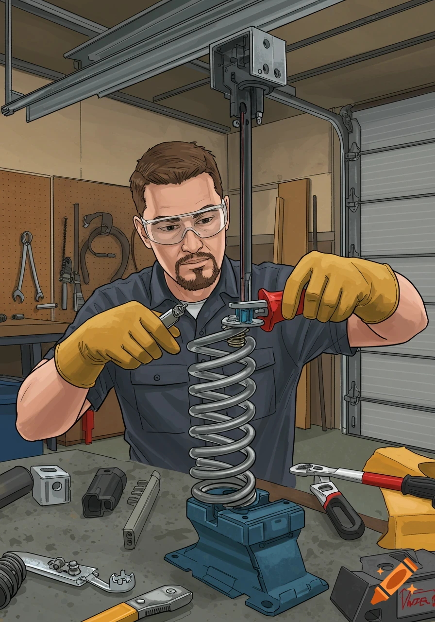 Illustrated man in safety glasses and gloves repairs a large garage door spring in a workshop with tools. Cartoon style.