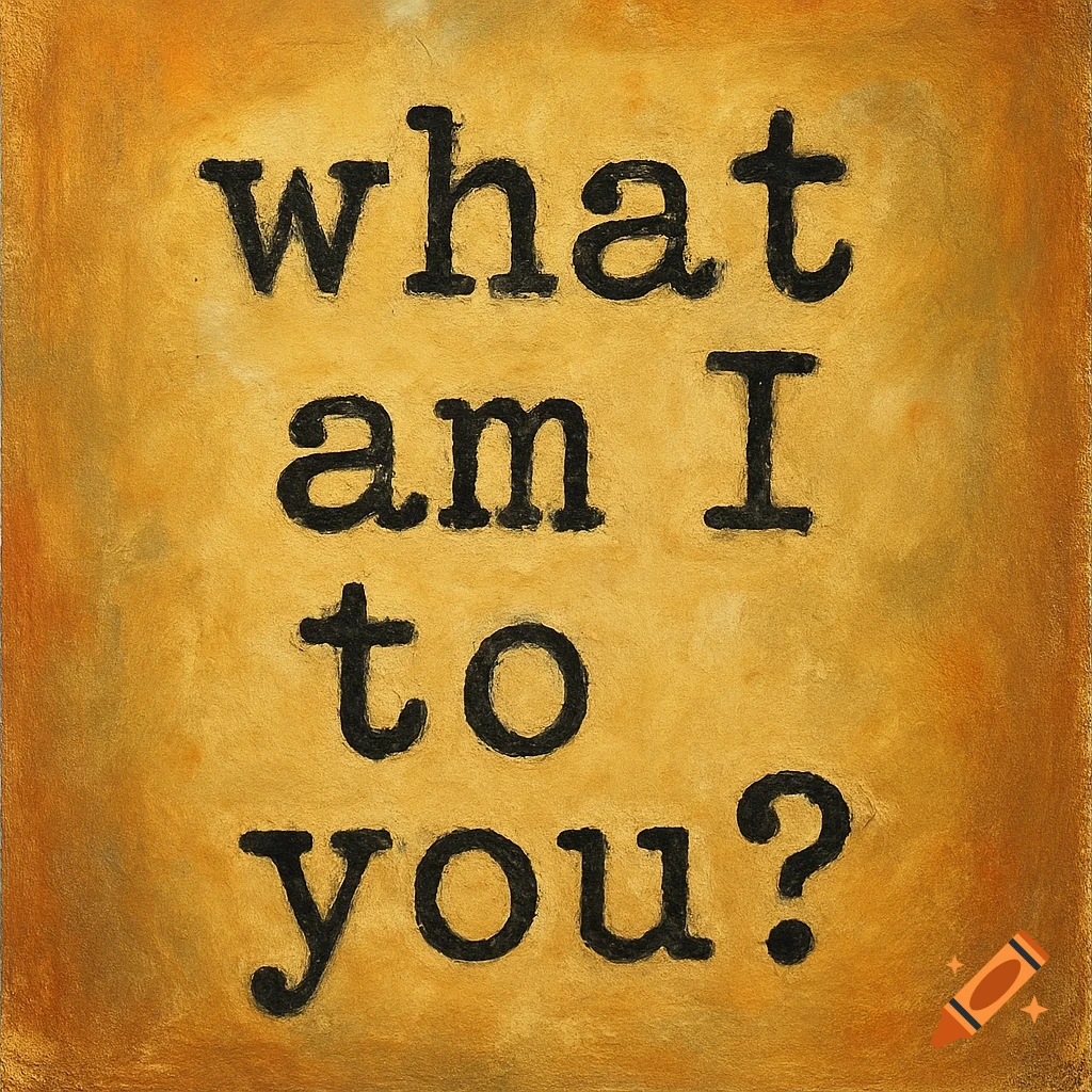 Text 'what am I to you?' in black typewriter font on a textured gold background.
