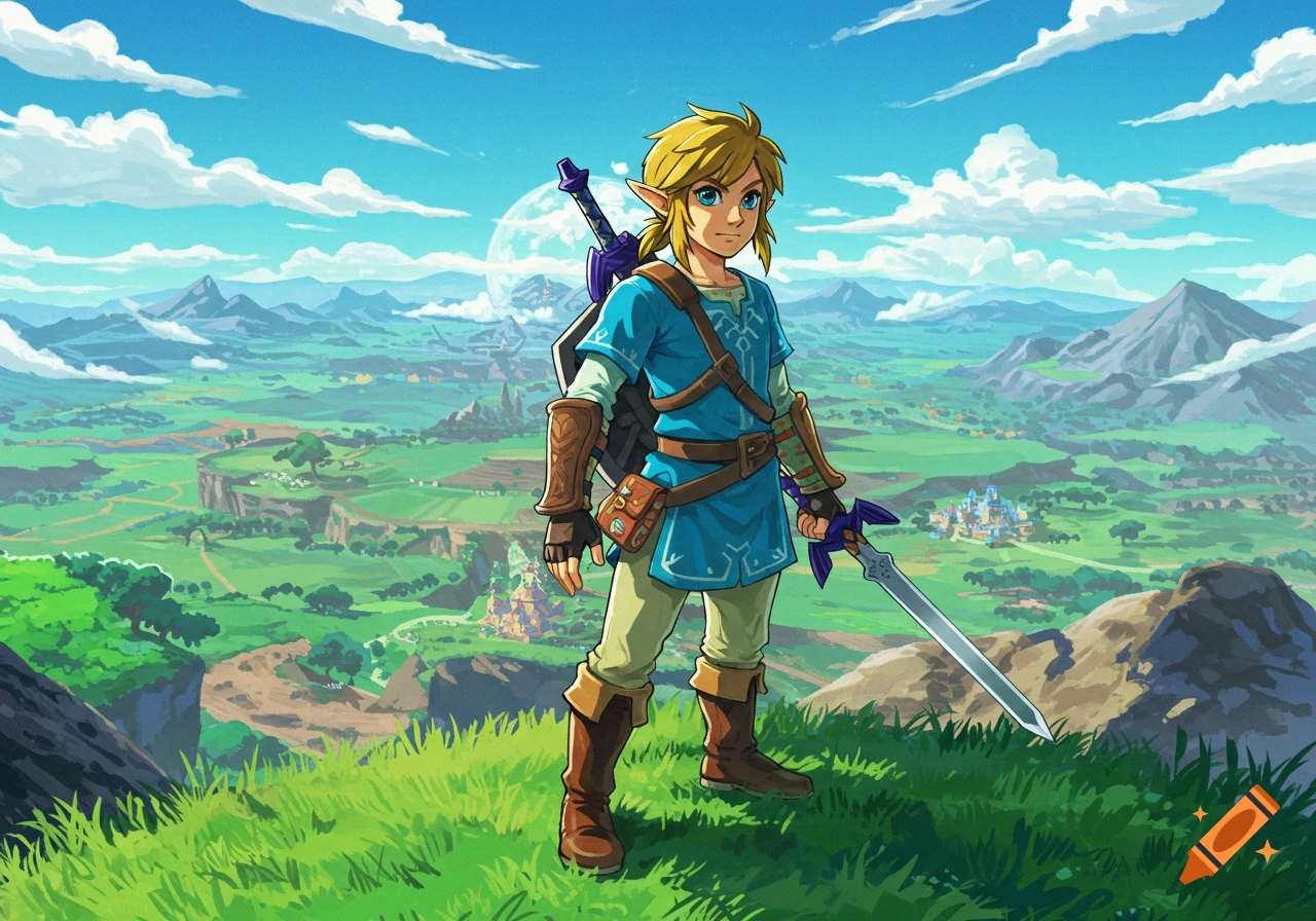 Link stands on a grassy hill overlooking a vast fantasy landscape with mountains and a distant castle.