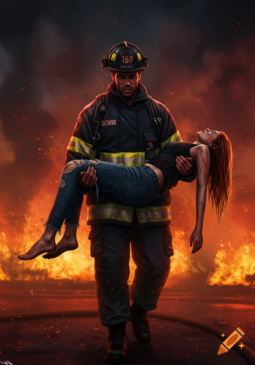 A firefighter in full gear carries an unconscious woman through a burning, smoke-filled scene in a dramatic digital illustration.