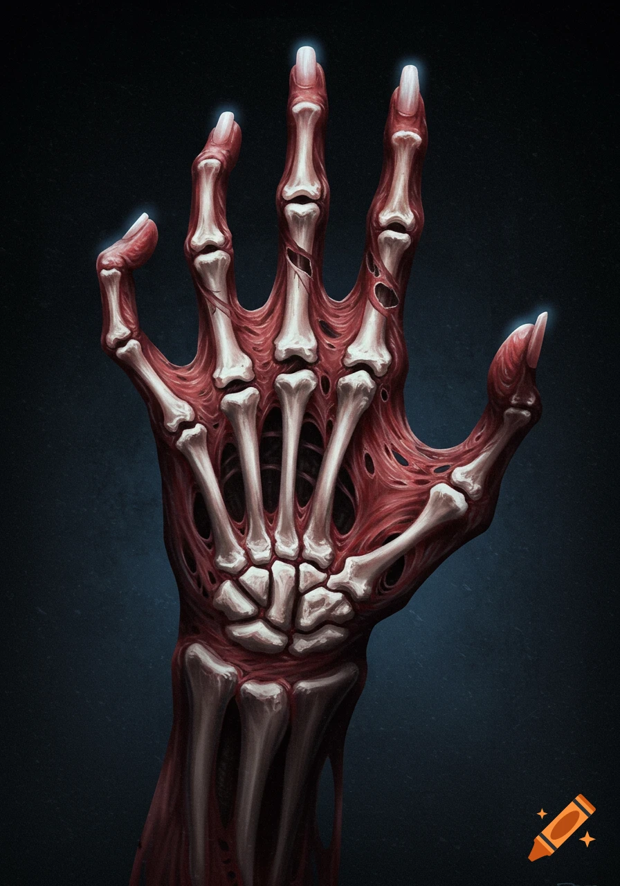 A stylized, illustrative image of a human hand with exposed bones and sinew, glowing fingertips, against a dark background.