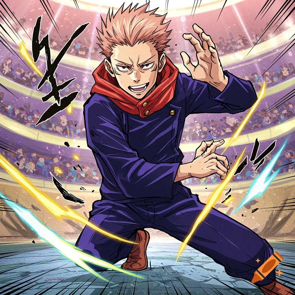 Anime character with spiky pink hair in a purple uniform and red hood, in an action pose in an arena with energy effects.