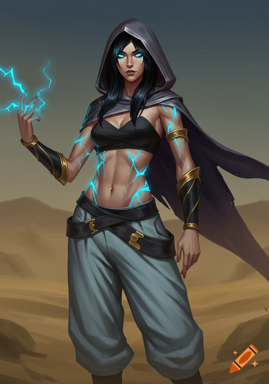 A female character with glowing blue eyes and blue lightning on her skin, wearing a black tube top, grey hooded cloak, and baggy pants, stands in a desert in a League of Legends art style.