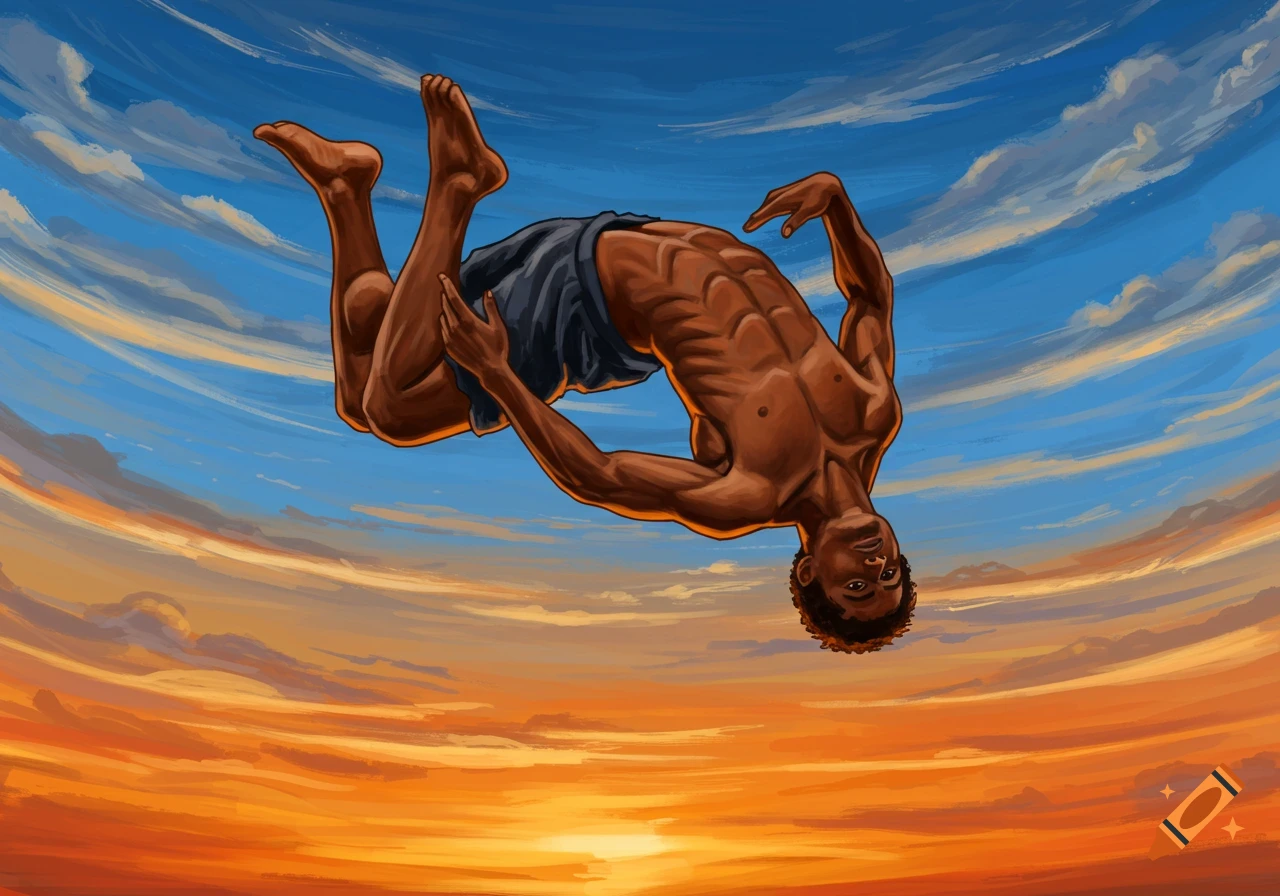 A person in mid-air performing a backflip against a vibrant orange and blue sunset sky in an illustrative style.