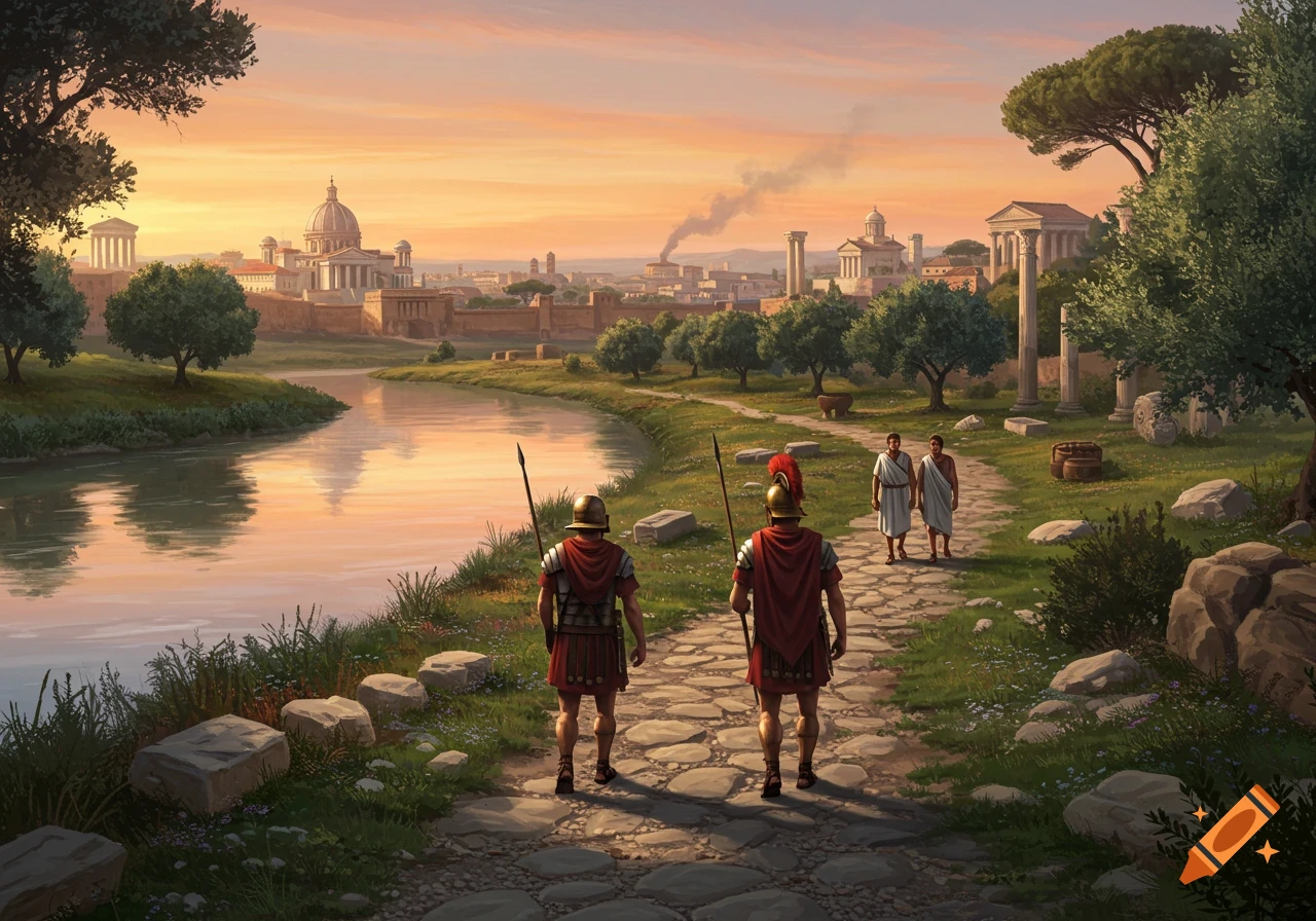 Two Roman soldiers and two citizens walk along a river path towards a classical Roman city at sunset. Digital painting.
