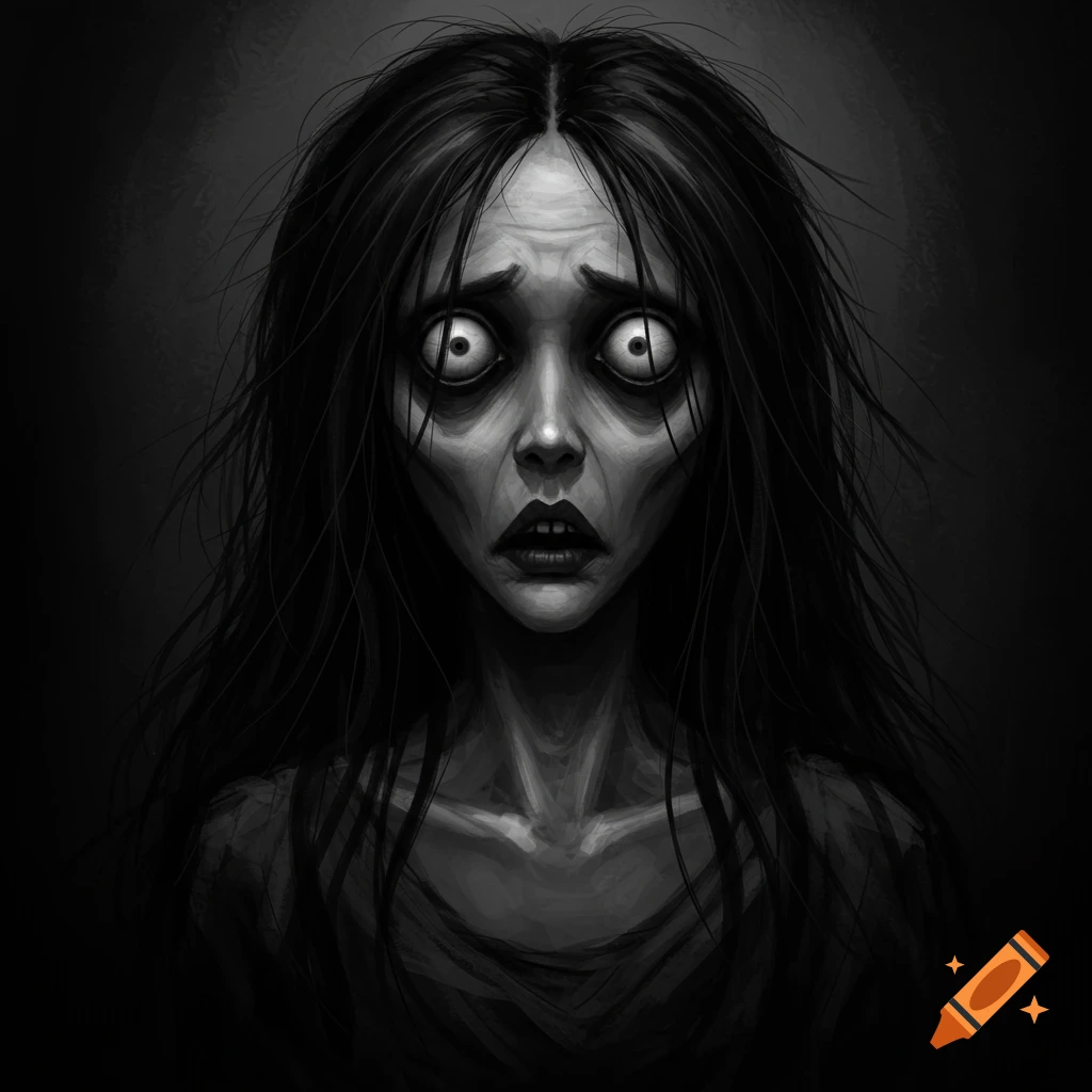 A monochromatic illustration of a scary woman with wide, bulbous eyes and long, messy hair, looking distressed.