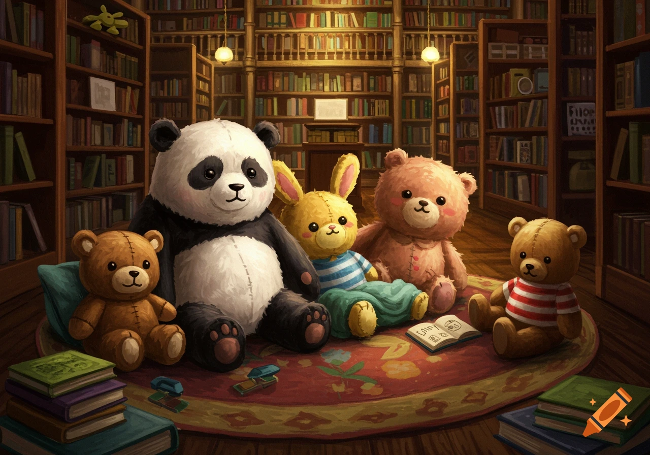 Illustration of stuffed panda, bunny, and teddy bears sitting on a rug in a cozy library.