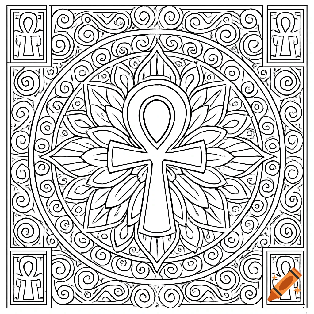 Black and white line art of an Ankh symbol in the center of an elaborate mandala with swirls and lotus leaves, for a coloring book.