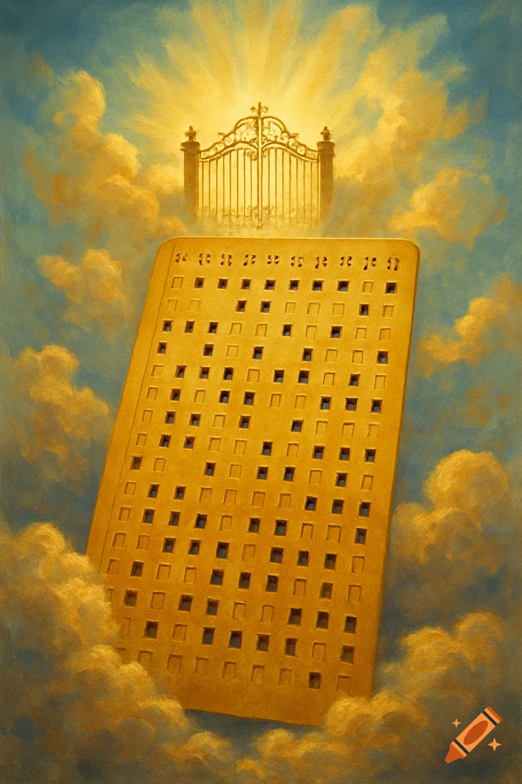 A golden punch card floats among golden clouds towards a shining golden gate resembling heaven in a blue sky, painted style.
