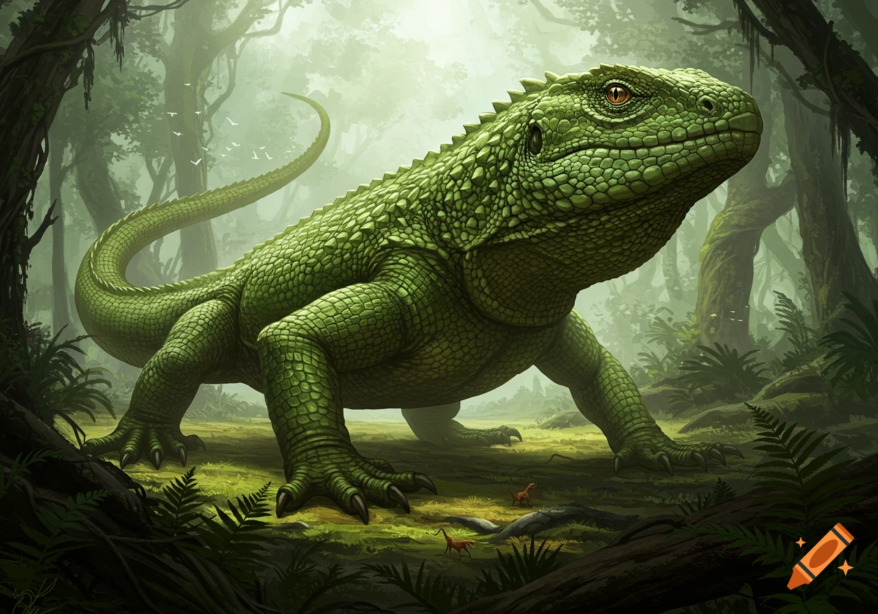 A giant green lizard with prominent scales stands in a misty jungle with smaller dinosaurs in the background.