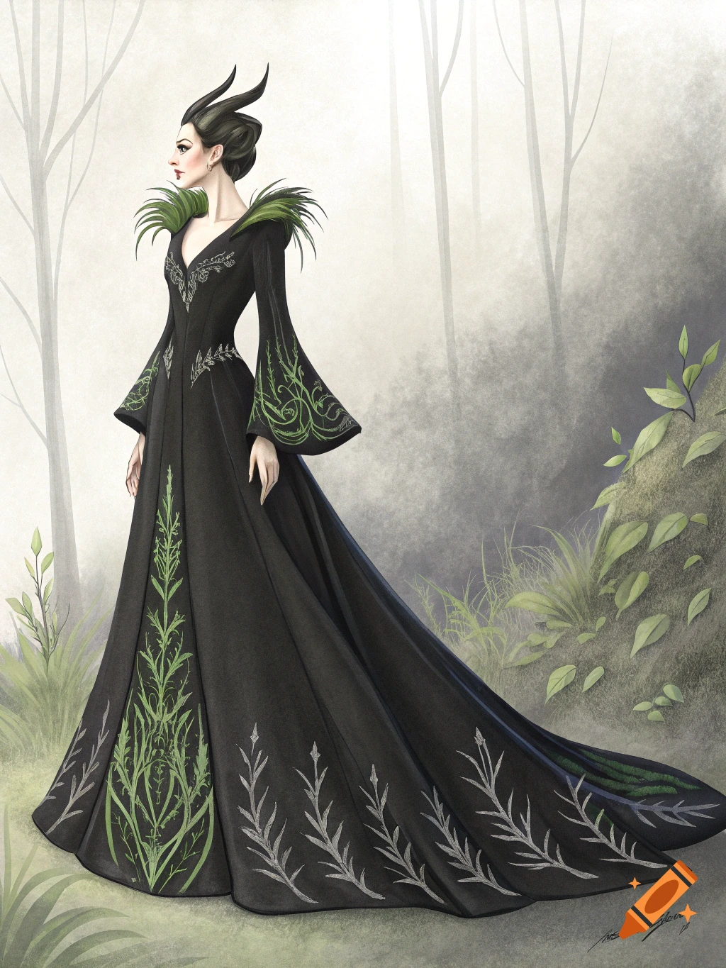 Illustration of a woman resembling Maleficent, wearing a long black and green dress with horns, standing in a misty forest.