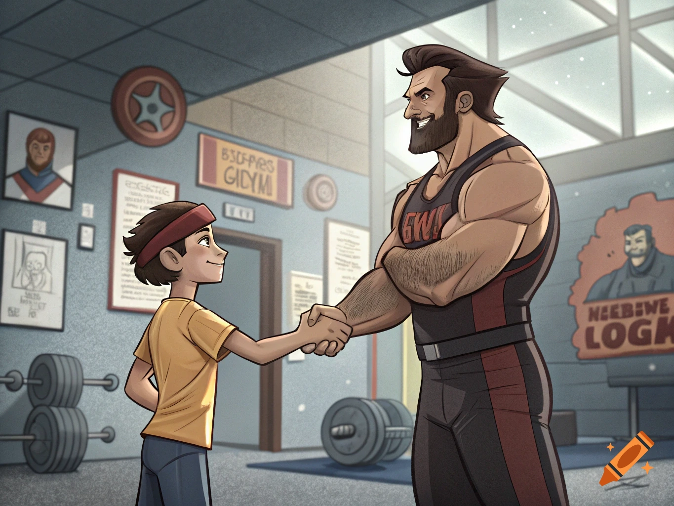 A cartoon muscular man with a beard and a young boy with a headband shake hands in a gym.