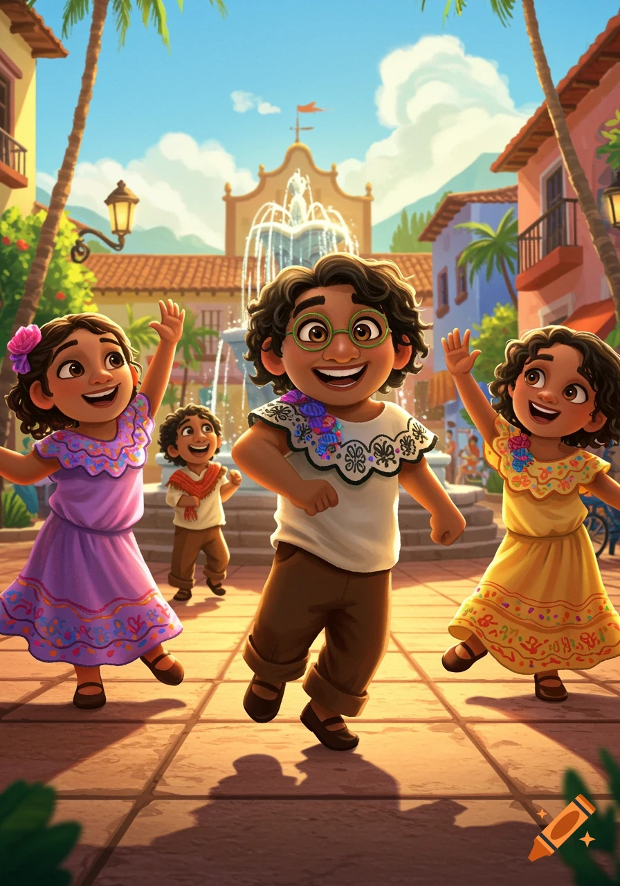 Four happy cartoon children dance in a sunny village square with a fountain and buildings.