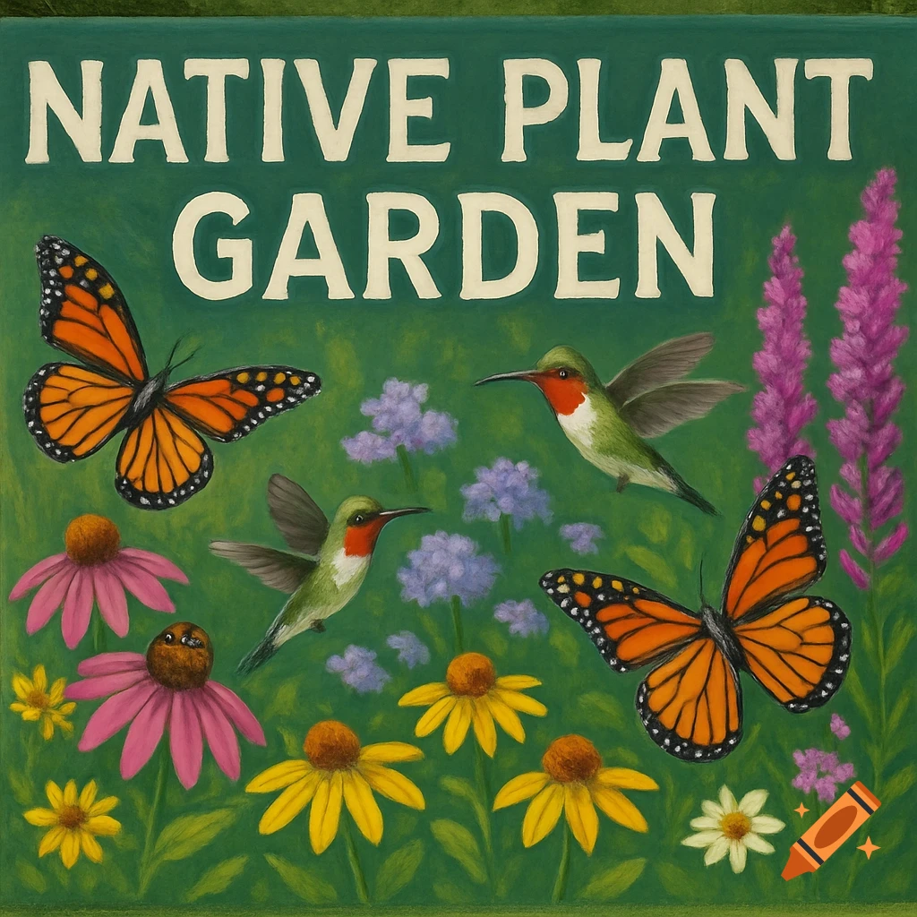 A green yard sign with "NATIVE PLANT GARDEN" text, featuring monarch butterflies, hummingbirds, and various flowers.