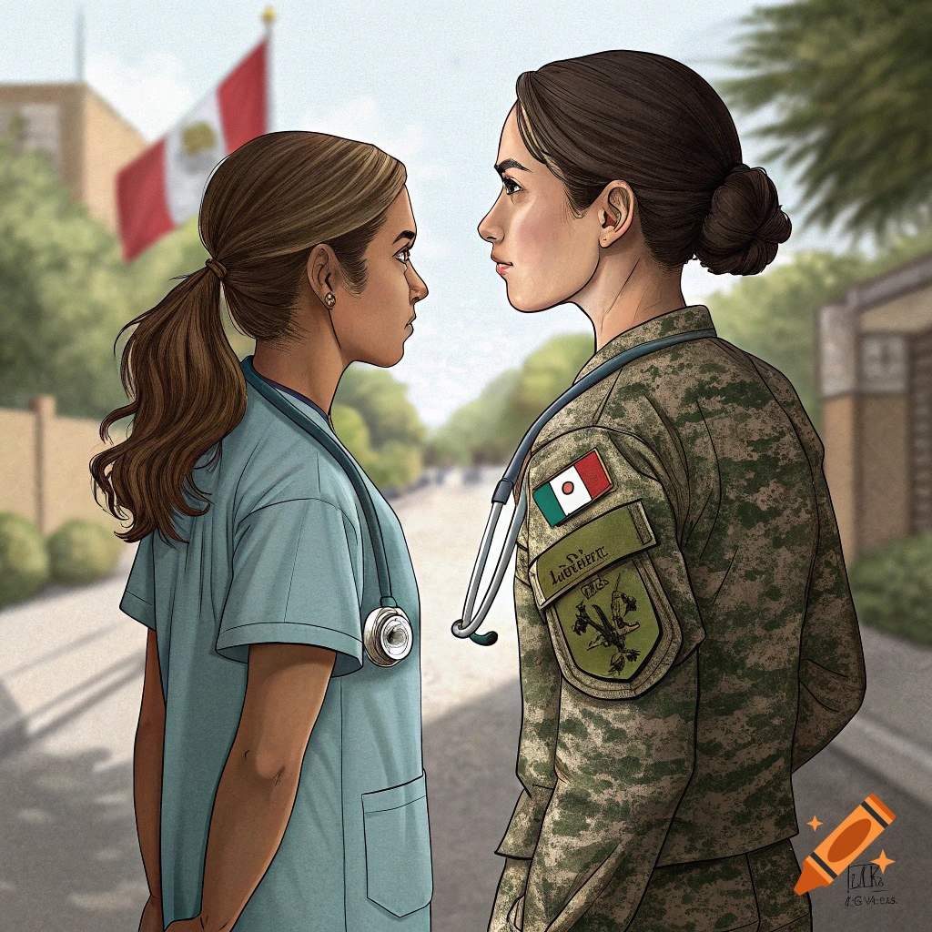 An illustration of two women facing each other, one in a light blue doctor's scrub with a stethoscope, and the other in a camouflage military uniform with a Mexican flag patch.