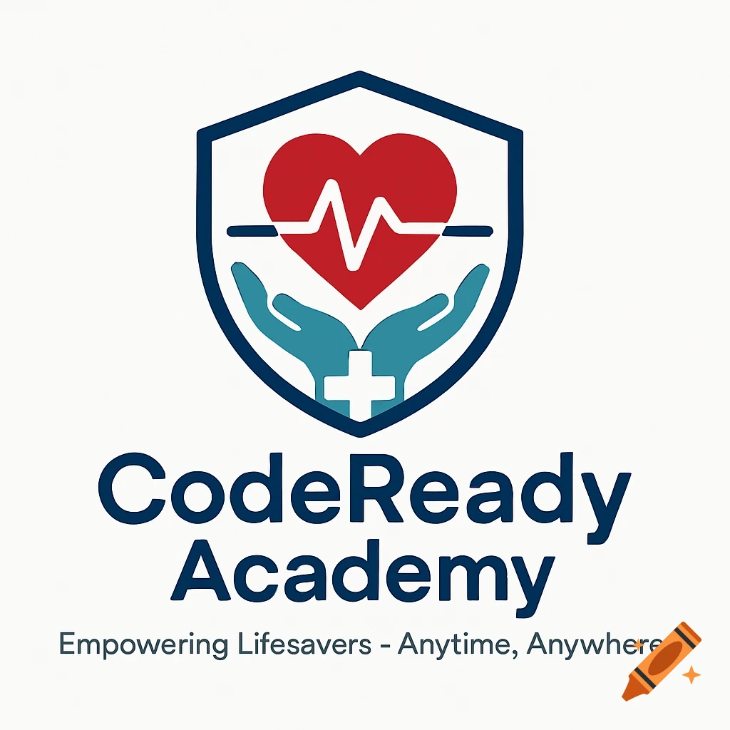 Logo for CodeReady Academy featuring a shield with a heart, ECG line, and hands, with the tagline 'Empowering Lifesavers - Anytime, Anywhere'.