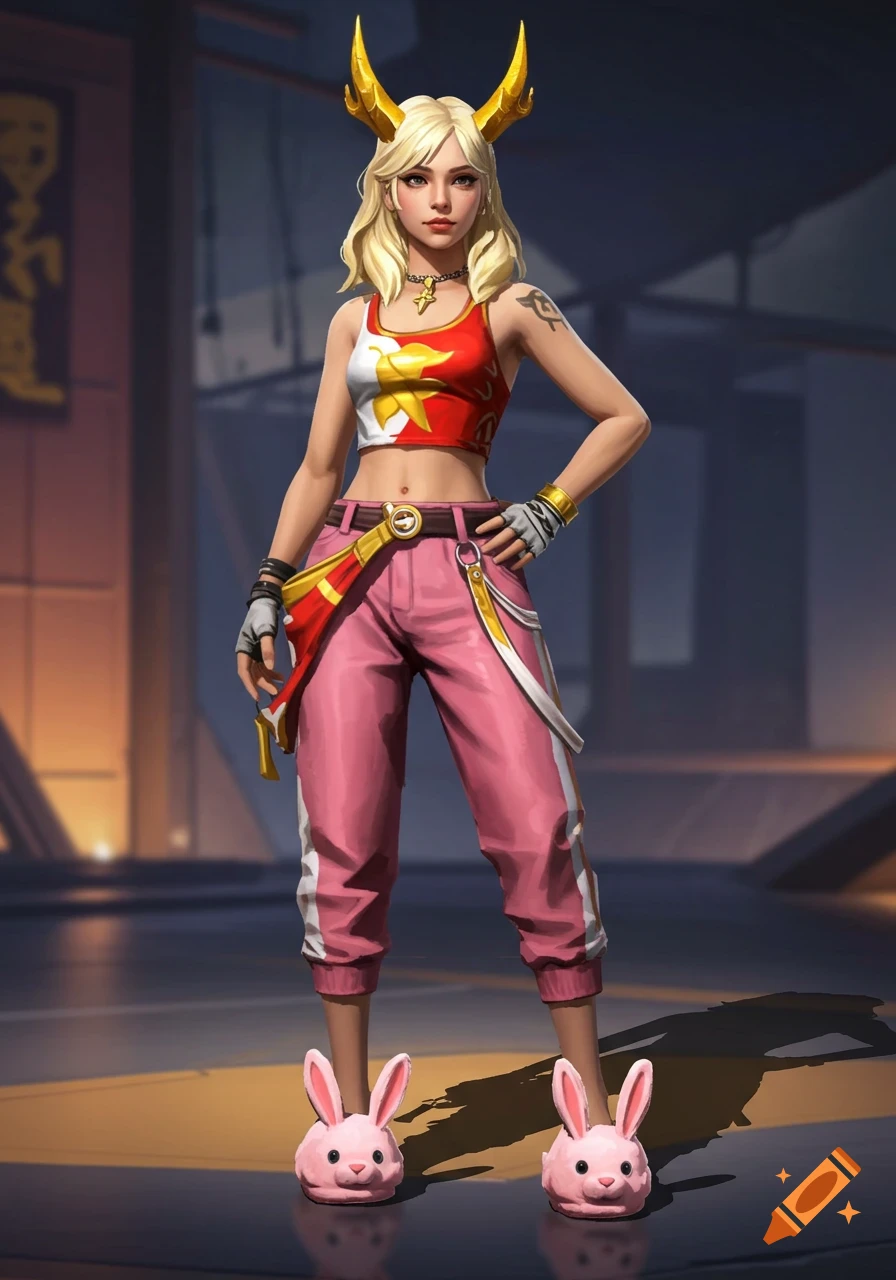 An animated female video game character with blonde hair and gold horns, wearing a red and white crop top, pink baggy pants, and pink bunny slippers.