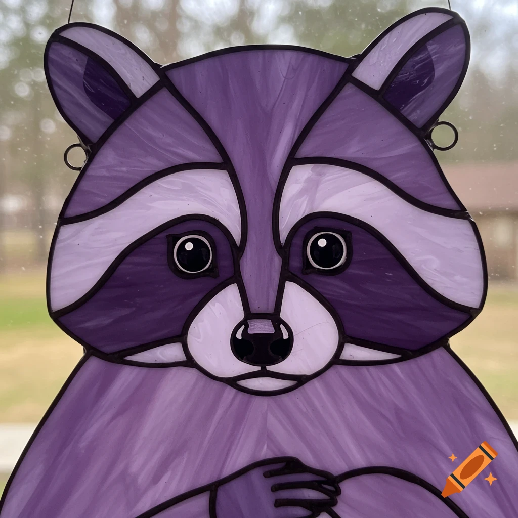 A lavender stained glass raccoon hangs in front of a window, looking slightly scared.