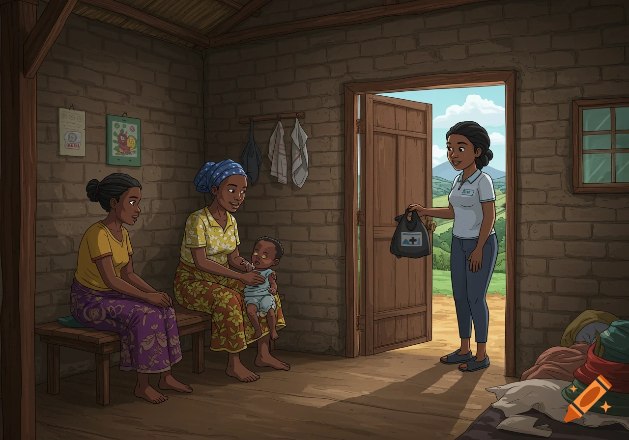 Cartoon illustration of a community health volunteer holding a bag, standing at an open doorway to a brick home where two women and a baby are sitting.