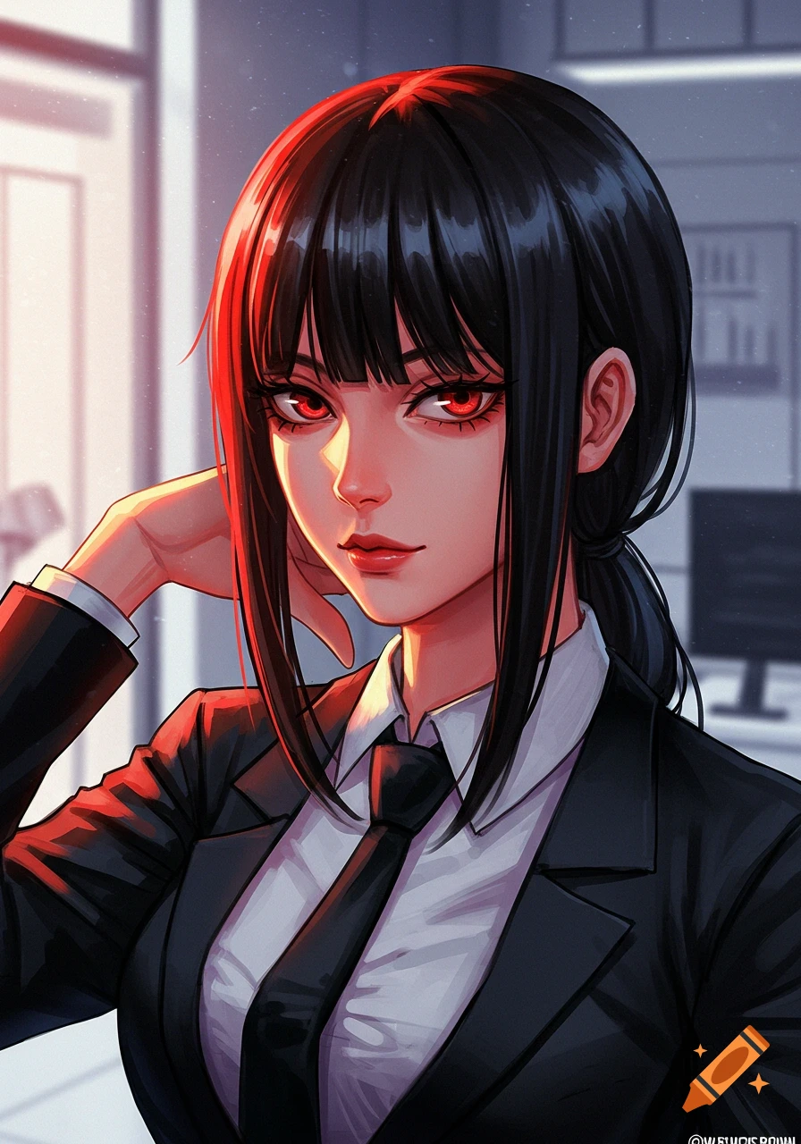 An anime-style portrait of a woman with black hair and red eyes, wearing a black suit, white shirt, and black tie, in an office setting.