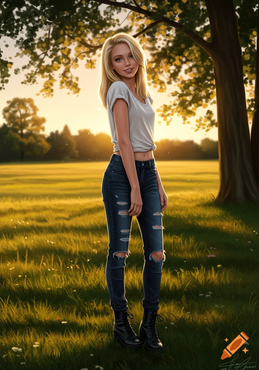 A smiling blonde girl with long hair, wearing a white t-shirt, ripped blue jeans, and black boots, stands in a sunny field with trees in the background, digitally illustrated.