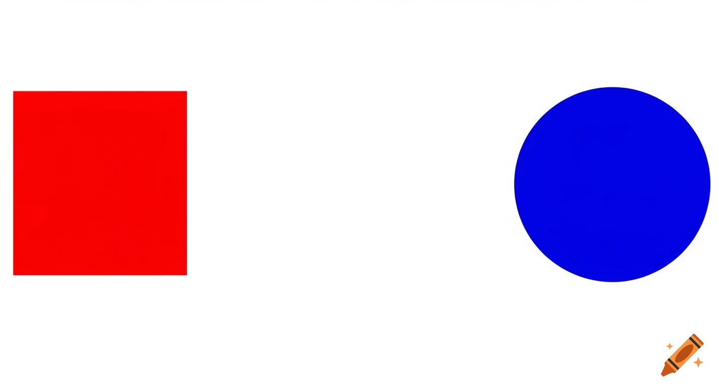 A solid red square on the left and a solid blue circle on the right, both on a white background.