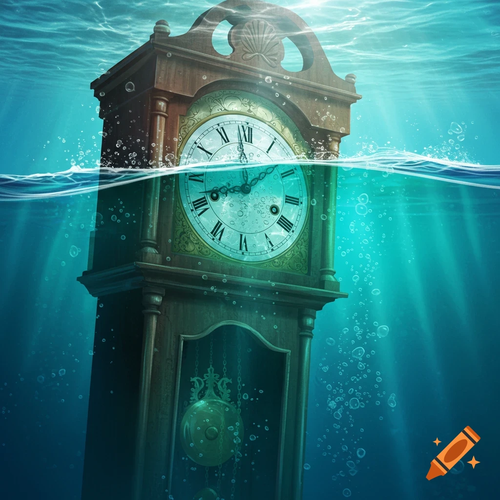 A wooden grandfather clock partially submerged in bright blue water with bubbles rising around it.